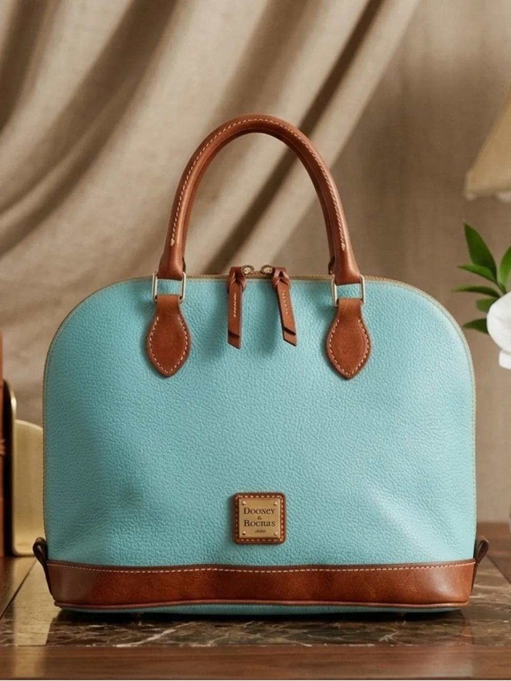 Dooney & Bourke Zip Zip Turquoise Leather Satchel with Brown Trim